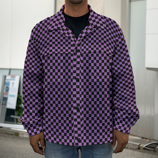 Purple And Black Checkered Pattern Print Men's Shirt Jacket