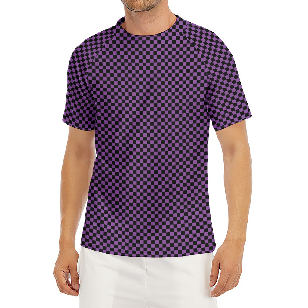 Purple And Black Checkered Pattern Print Men's Short Sleeve Rash Guard
