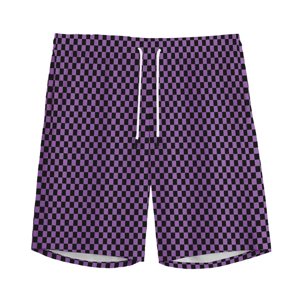 Purple And Black Checkered Pattern Print Men's Sports Shorts
