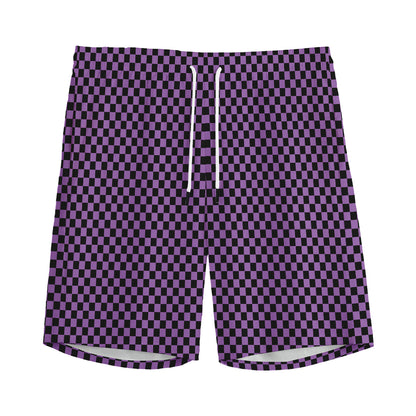 Purple And Black Checkered Pattern Print Men's Sports Shorts