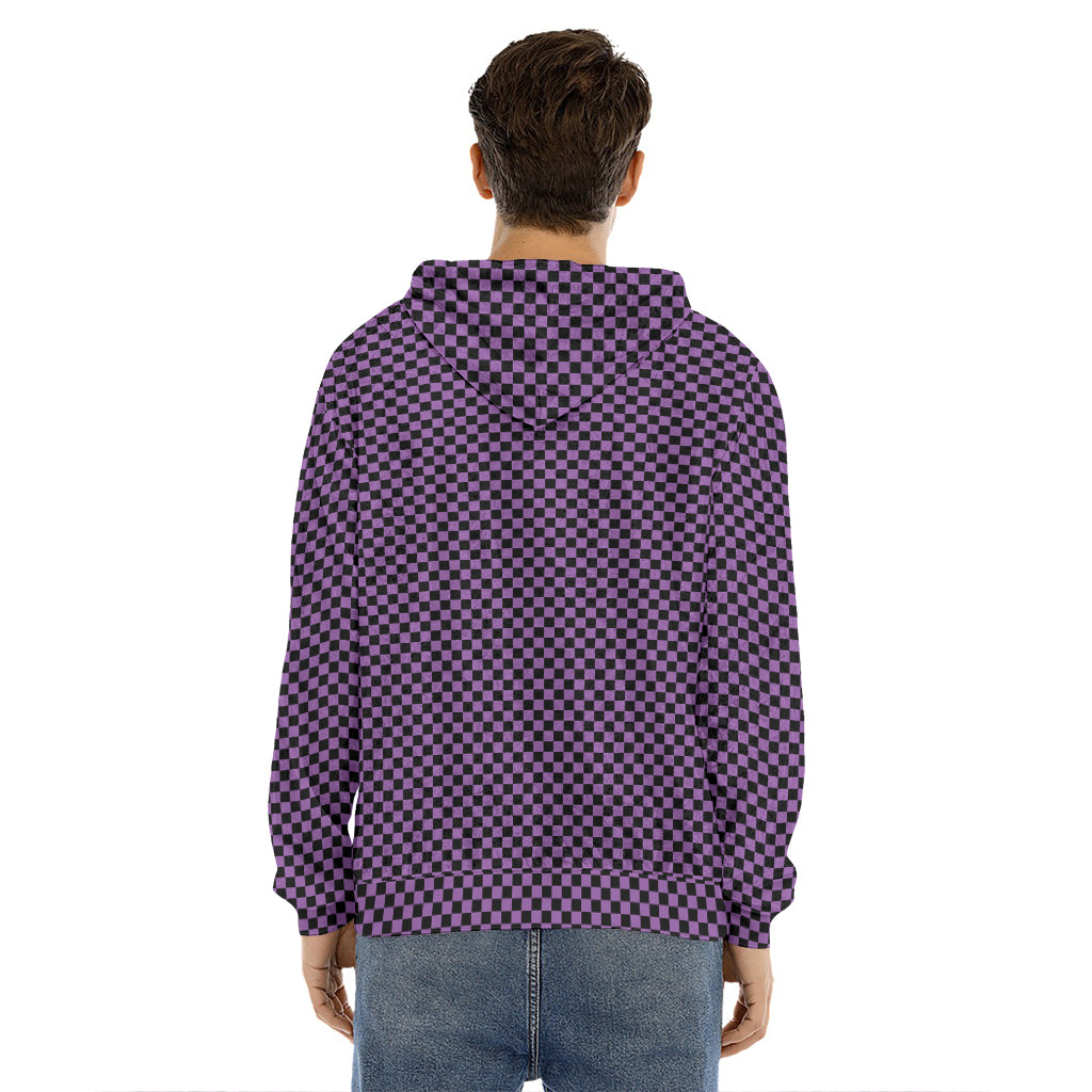 Purple And Black Checkered Pattern Print Men's Velvet Pullover Hoodie