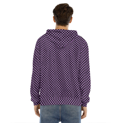 Purple And Black Checkered Pattern Print Men's Velvet Pullover Hoodie