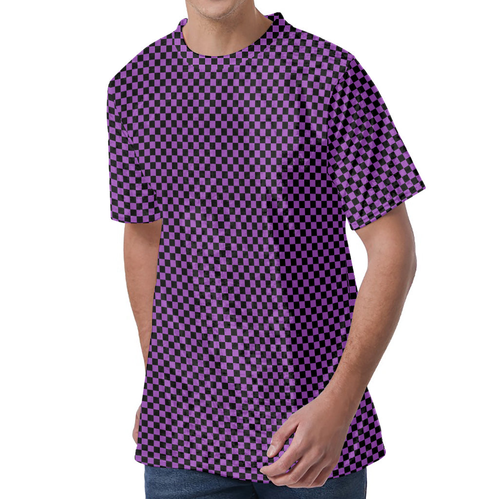 Purple And Black Checkered Pattern Print Men's Velvet T-Shirt