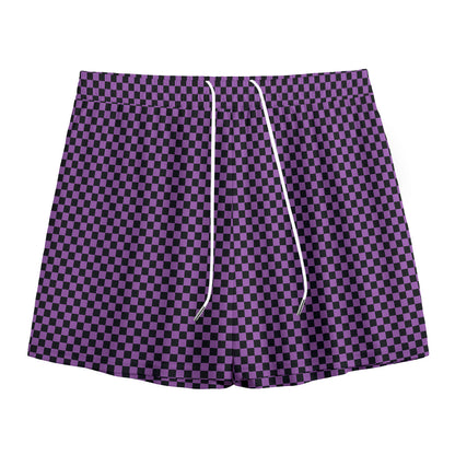 Purple And Black Checkered Pattern Print Mesh Shorts