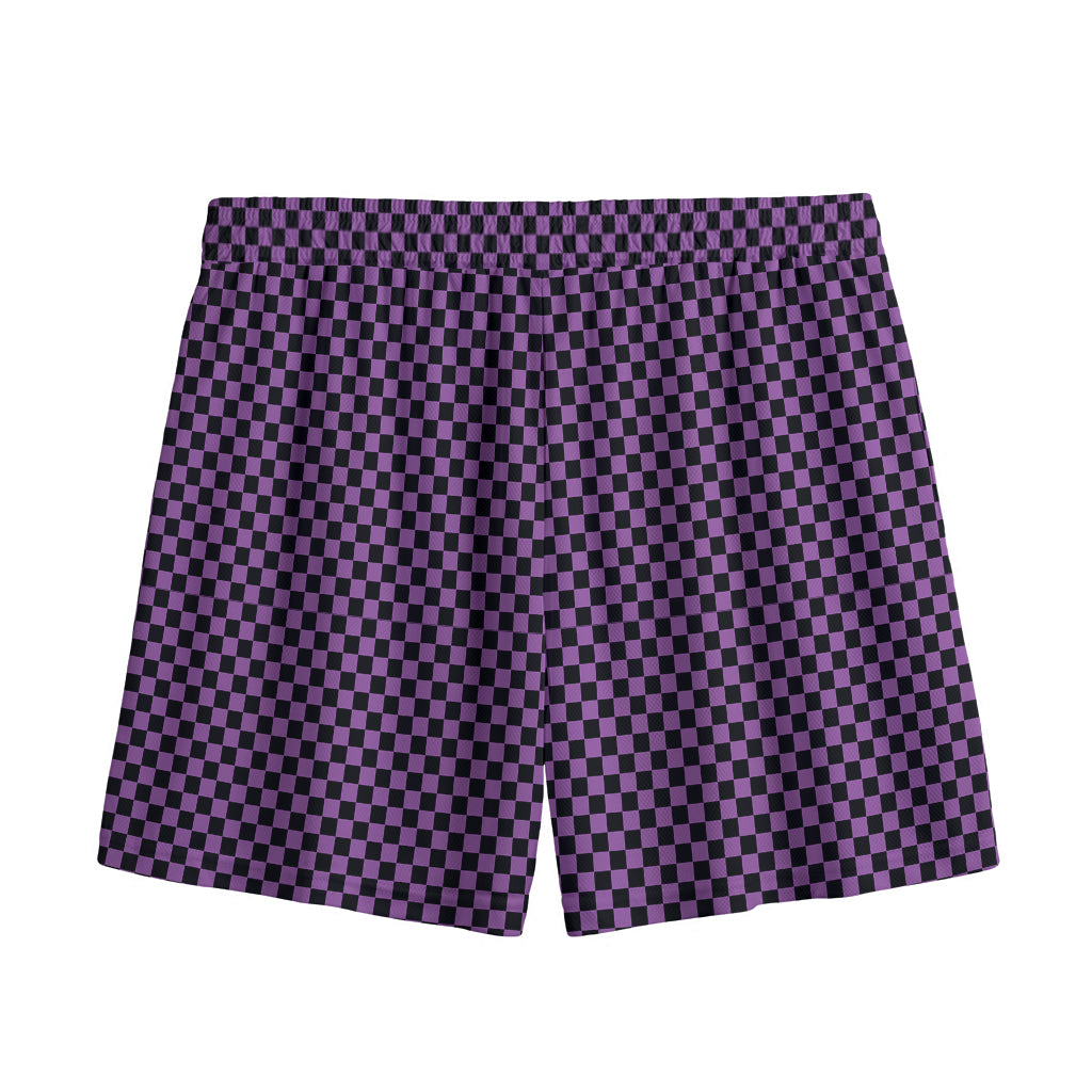 Purple And Black Checkered Pattern Print Mesh Shorts