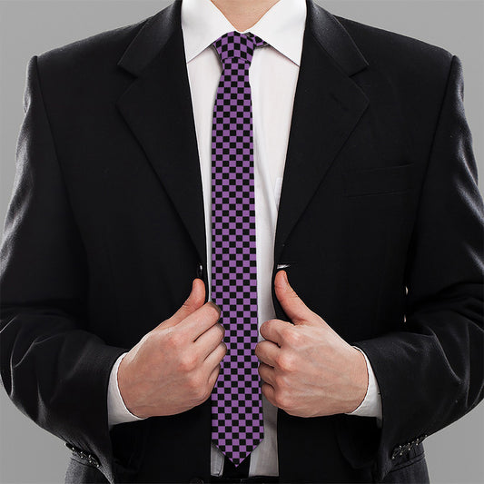 Purple And Black Checkered Pattern Print Necktie