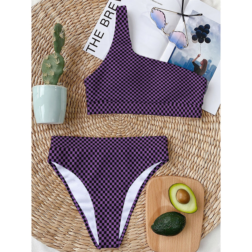 Purple And Black Checkered Pattern Print One Shoulder Bikini Top