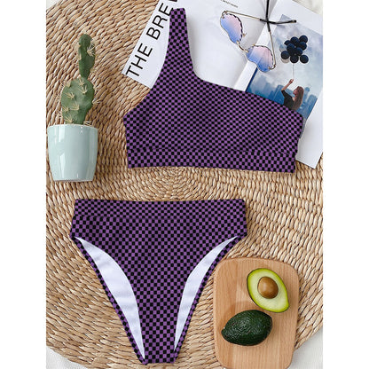 Purple And Black Checkered Pattern Print One Shoulder Bikini Top