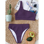 Purple And Black Checkered Pattern Print One Shoulder Bikini Top