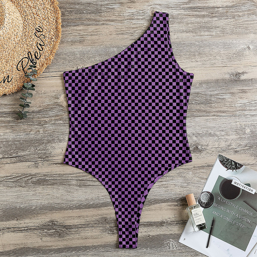 Purple And Black Checkered Pattern Print One Shoulder Bodysuit