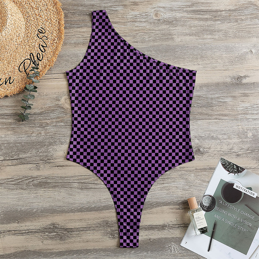 Purple And Black Checkered Pattern Print One Shoulder Bodysuit