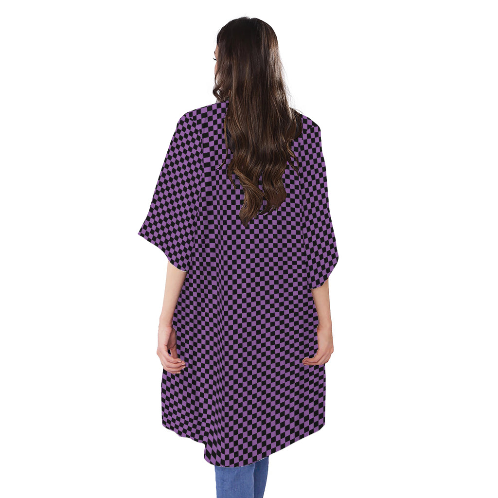 Purple And Black Checkered Pattern Print Open Front Beach Cover Up