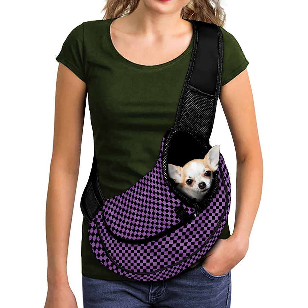 Purple And Black Checkered Pattern Print Pet Sling Carrier