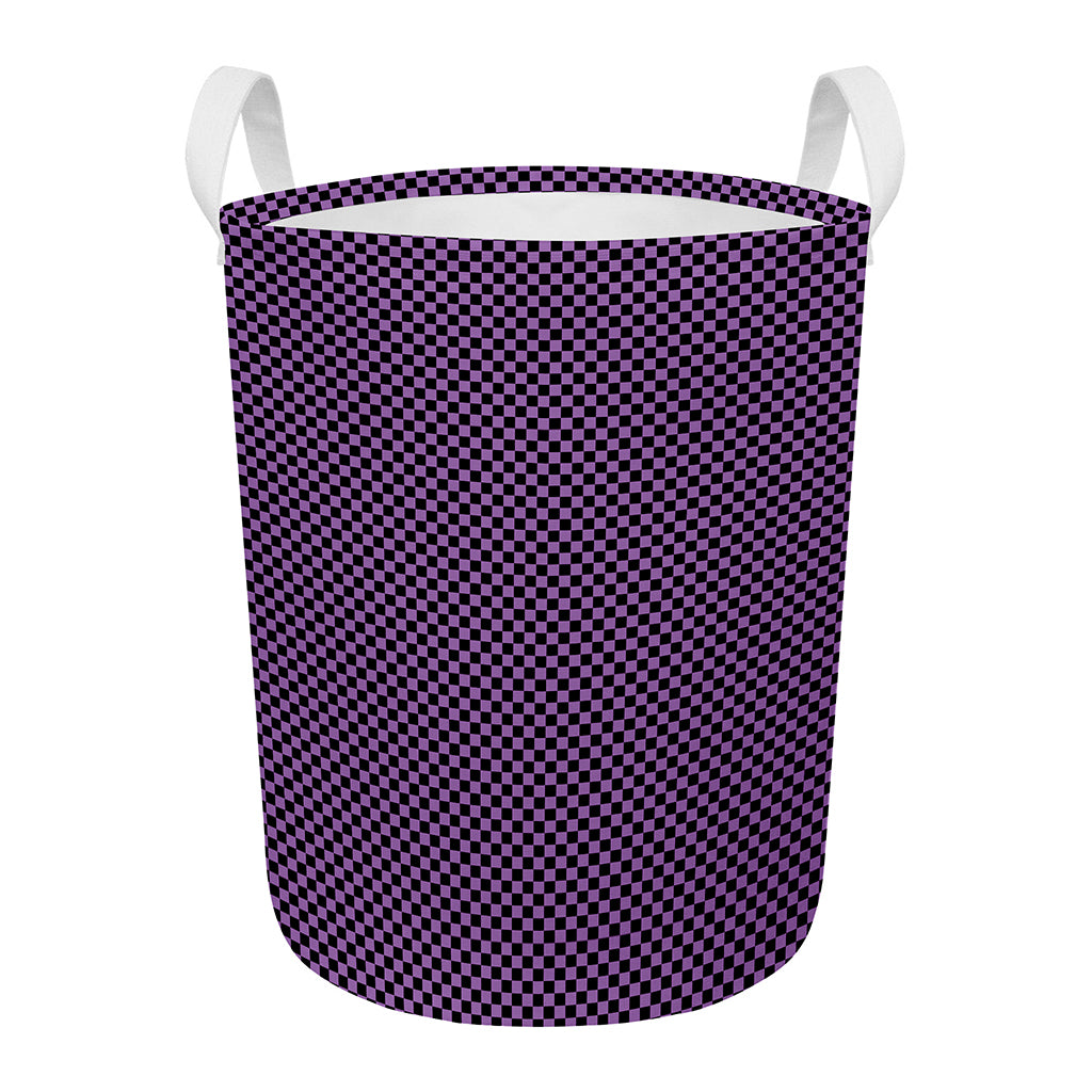 Purple And Black Checkered Pattern Print Round Laundry Basket
