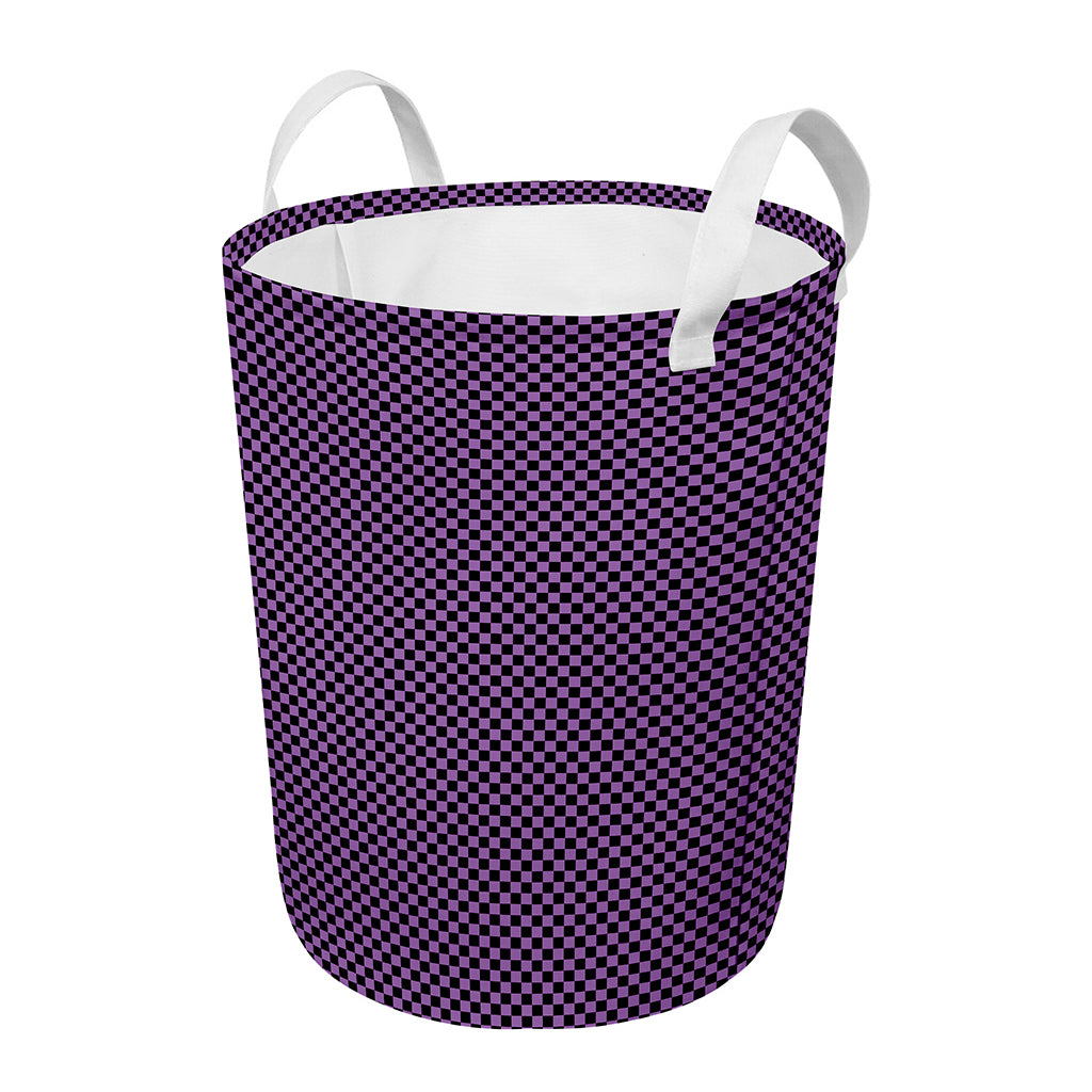 Purple And Black Checkered Pattern Print Round Laundry Basket