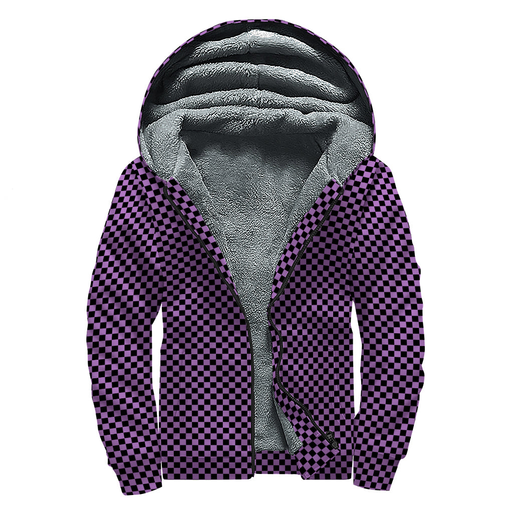Purple And Black Checkered Pattern Print Sherpa Lined Zip Up Hoodie