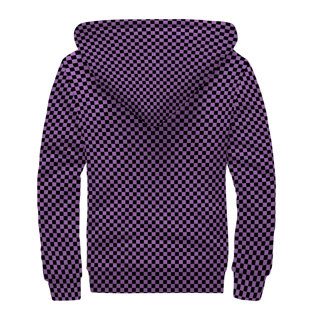 Purple And Black Checkered Pattern Print Sherpa Lined Zip Up Hoodie