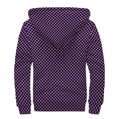Purple And Black Checkered Pattern Print Sherpa Lined Zip Up Hoodie