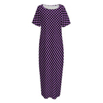Purple And Black Checkered Pattern Print Short Sleeve Long Nightdress