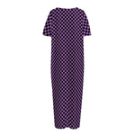Purple And Black Checkered Pattern Print Short Sleeve Long Nightdress