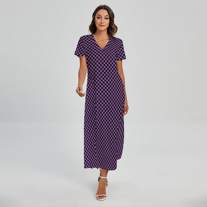 Purple And Black Checkered Pattern Print Short Sleeve Maxi Dress