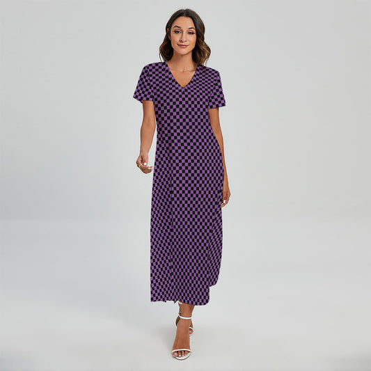 Purple And Black Checkered Pattern Print Short Sleeve Maxi Dress