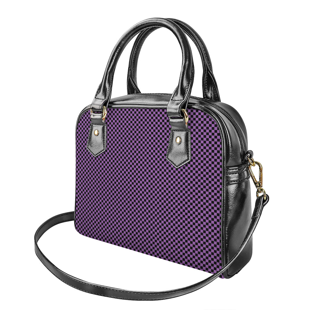 Purple And Black Checkered Pattern Print Shoulder Handbag