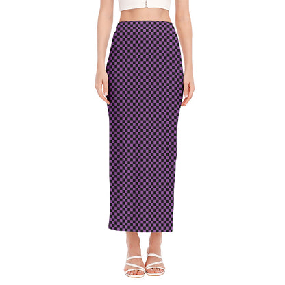 Purple And Black Checkered Pattern Print Side Slit Maxi Skirt