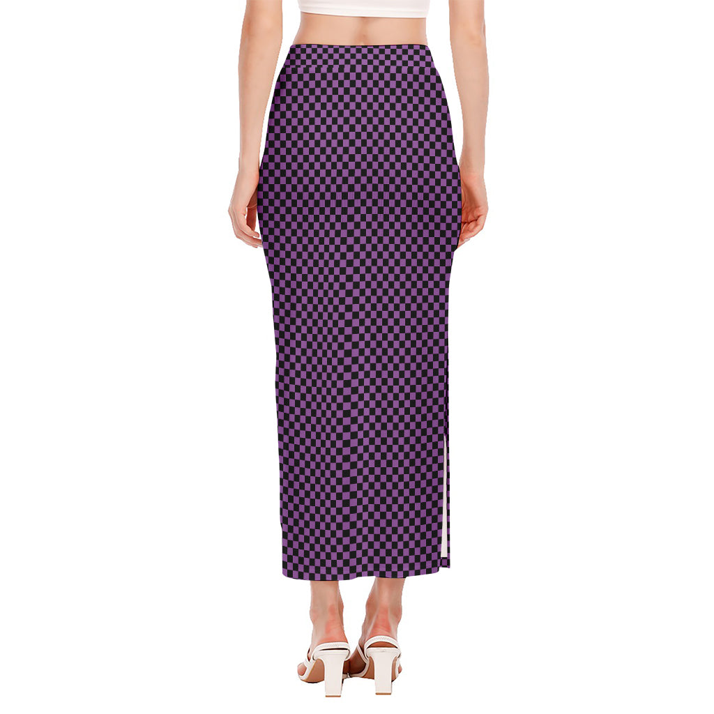 Purple And Black Checkered Pattern Print Side Slit Maxi Skirt