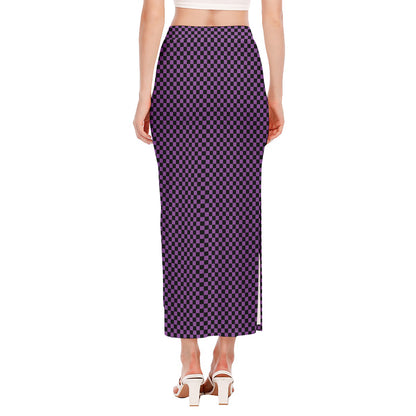 Purple And Black Checkered Pattern Print Side Slit Maxi Skirt