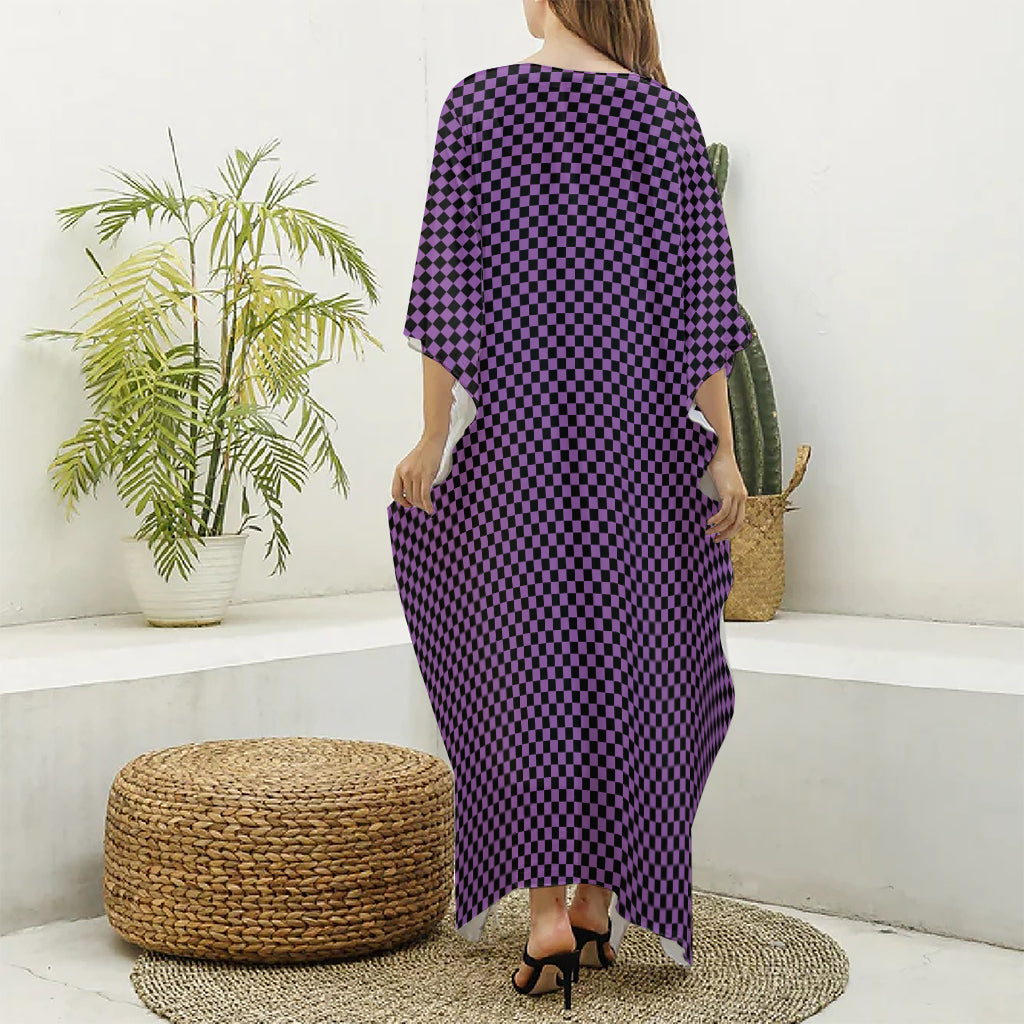 Purple And Black Checkered Pattern Print Silk V-Neck Kaftan Dress