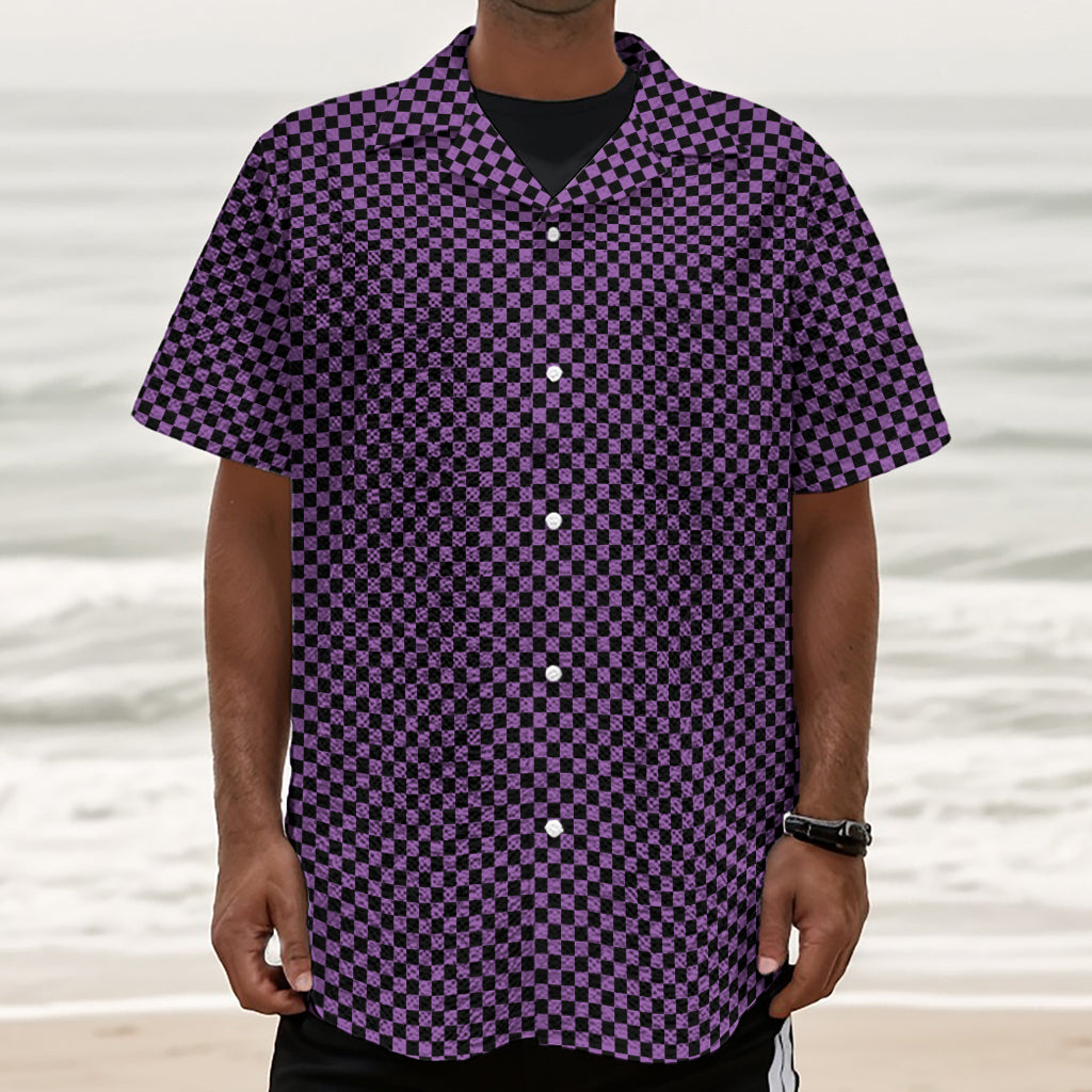 Purple And Black Checkered Pattern Print Textured Short Sleeve Shirt