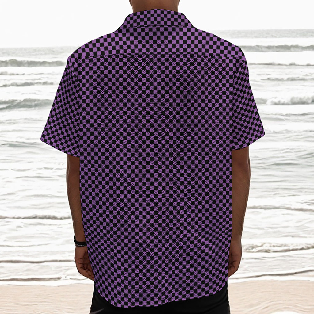 Purple And Black Checkered Pattern Print Textured Short Sleeve Shirt