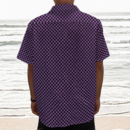 Purple And Black Checkered Pattern Print Textured Short Sleeve Shirt