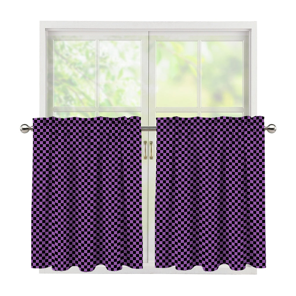 Purple And Black Checkered Pattern Print Tier Curtains