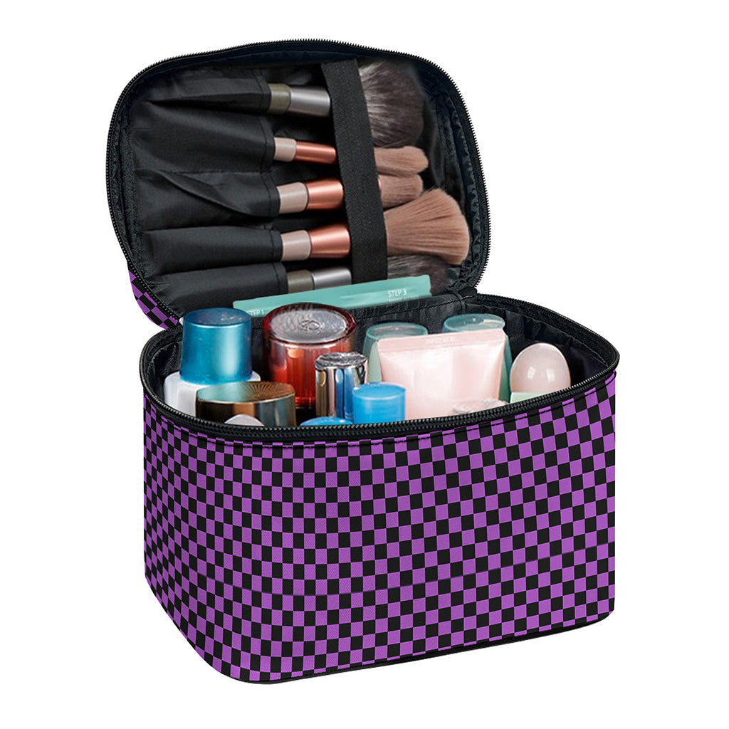 Purple And Black Checkered Pattern Print Travel Makeup Bag
