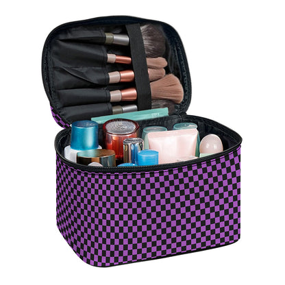 Purple And Black Checkered Pattern Print Travel Makeup Bag