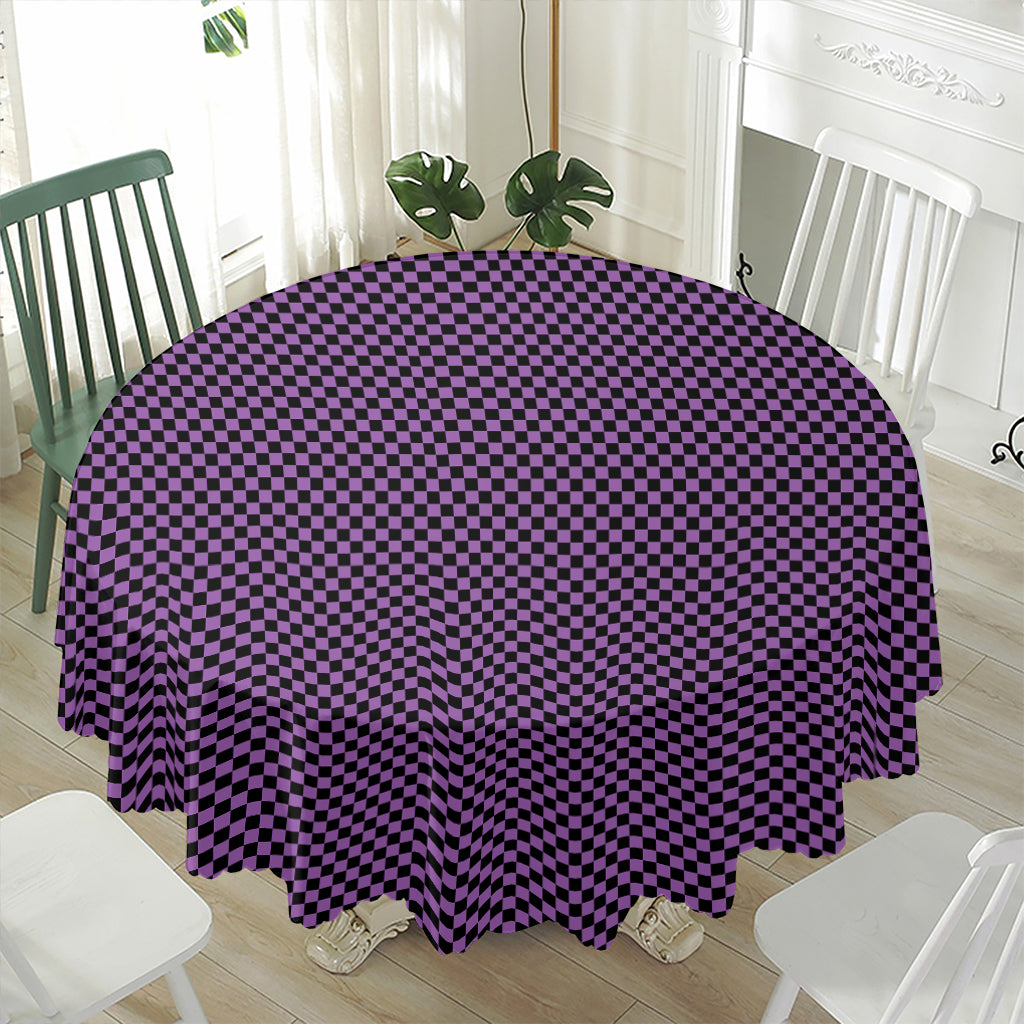 Purple And Black Checkered Pattern Print Waterproof Round Tablecloth