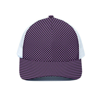 Purple And Black Checkered Pattern Print White Mesh Trucker Cap
