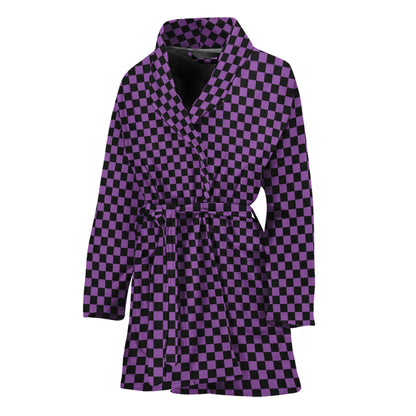 Purple And Black Checkered Pattern Print Women's Bathrobe