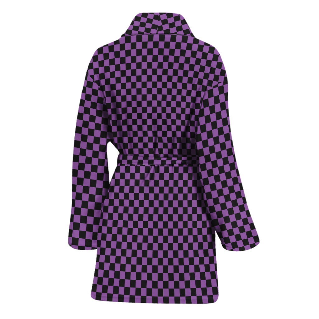 Purple And Black Checkered Pattern Print Women's Bathrobe