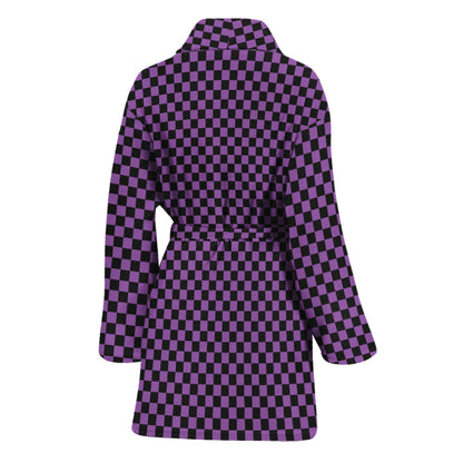 Purple And Black Checkered Pattern Print Women's Bathrobe