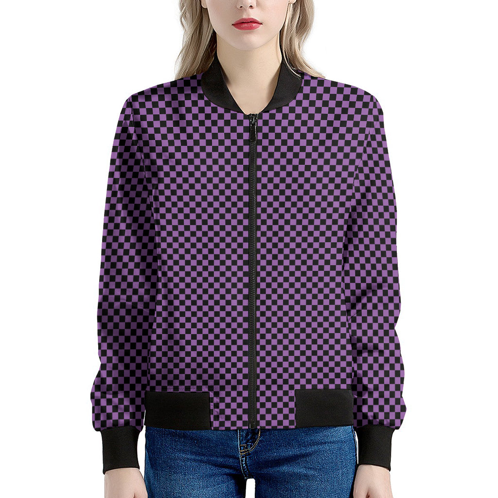 Purple And Black Checkered Pattern Print Women's Bomber Jacket
