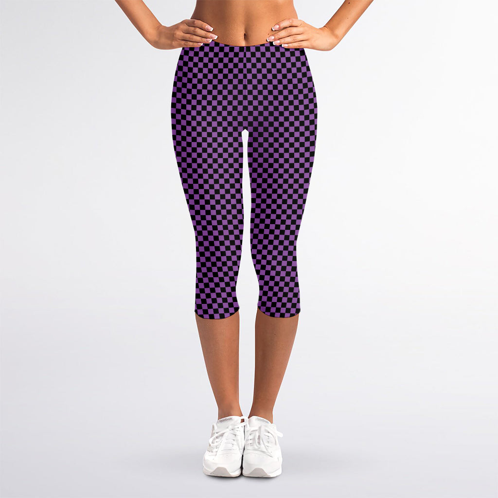 Purple And Black Checkered Pattern Print Women's Capri Leggings