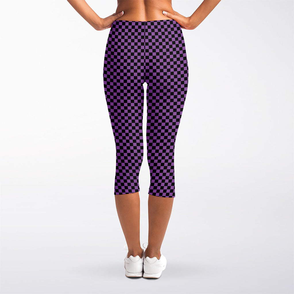 Purple And Black Checkered Pattern Print Women's Capri Leggings