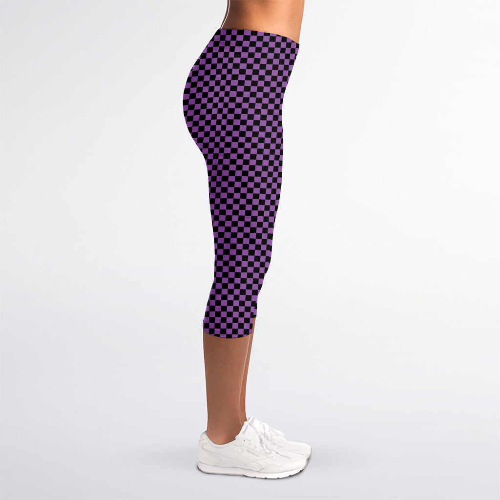 Purple And Black Checkered Pattern Print Women's Capri Leggings