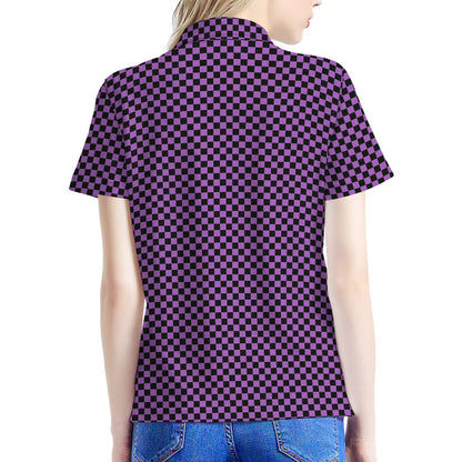 Purple And Black Checkered Pattern Print Women's Polo Shirt