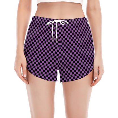Purple And Black Checkered Pattern Print Women's Split Running Shorts