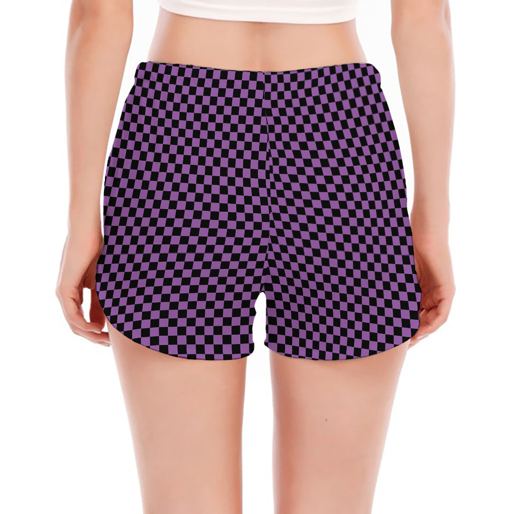 Purple And Black Checkered Pattern Print Women's Split Running Shorts