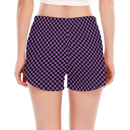 Purple And Black Checkered Pattern Print Women's Split Running Shorts